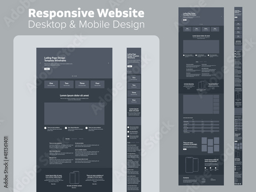 Design website dark mode. Desktop and mobile wireframe. Landing page template.