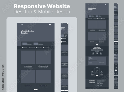 Design website dark mode. Desktop and mobile wireframe. Landing page template.