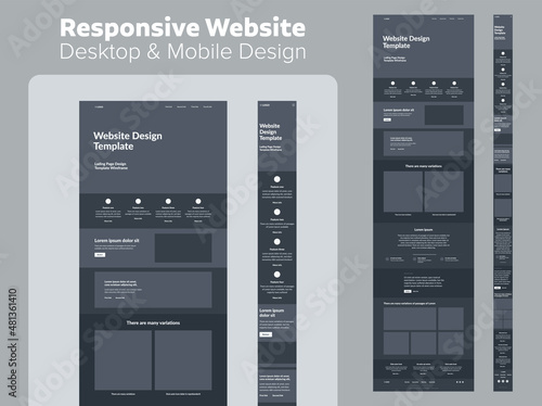 Design website dark mode. Desktop and mobile wireframe. Landing page template.