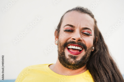 Tablou pe pânză Drag queen smiling camera at lgbt pride parade - Focus on face