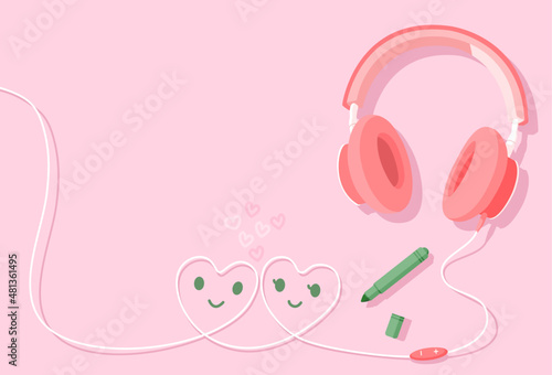 The pink headphone is wired to connect two heart-shaped in love on isolated pink background. Vector illustration cartoon flat design for banner, poster, presentation, and wallpaper. Valentines day con