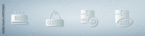 Set Buy button, Hanging sign with text Closed, Return cardboard box and Cardboard free symbol. Paper art style. Vector