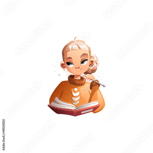 A happy creative cartoon girl is reading a book about knitting and holding a knitting needle in her hand. Hobby courses or master classes for teaching knitting. Detailed vector illustration.