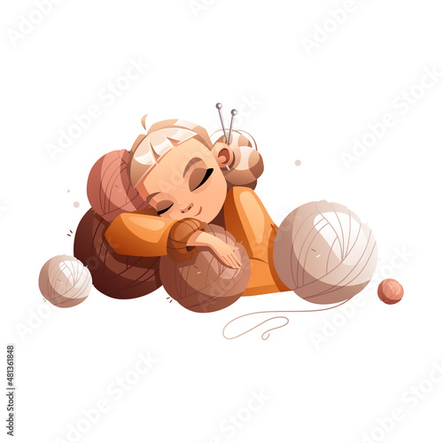 Happy creative cartoon girl fell asleep on balls of wool. Hobby courses or master classes for teaching knitting. Detailed vector illustration.