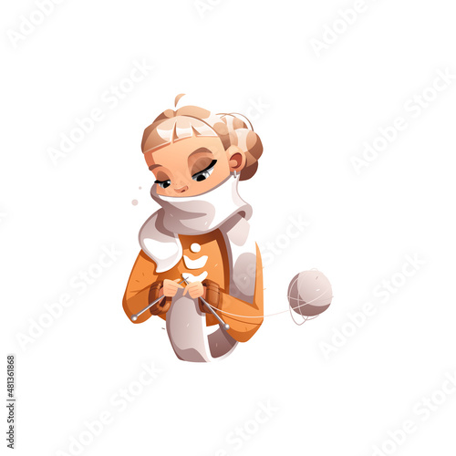 A happy creative girl is knitting a white scarf. Hobby courses or master classes for teaching knitting. Detailed vector illustration.