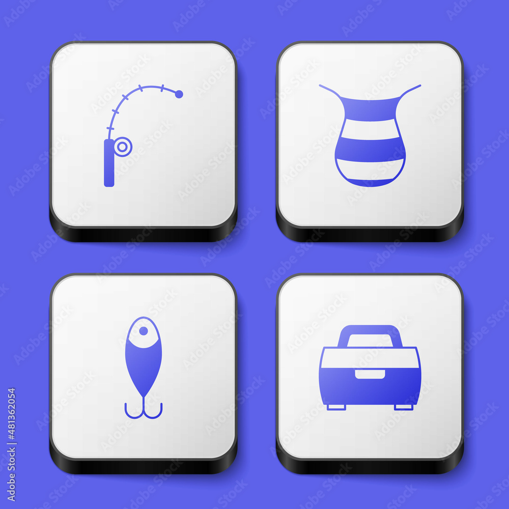 Set Fishing rod, net, lure and Case or box for fishing equipment icon. White square button. Vector Set Fishing rod, net, lure and Case or box for fishing equipment icon. White square button. Vector