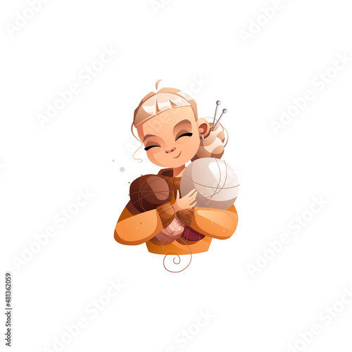 Happy creative cartoon girl hugs wool balls. Hobby courses or master classes for teaching knitting. Detailed vector illustration.