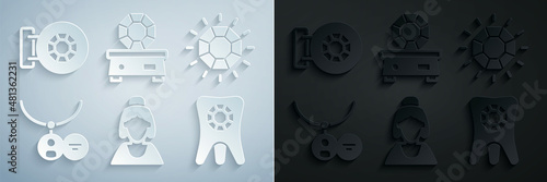 Set Consultant of jewelry store, Diamond, Locket necklace, Tooth with diamond, Gem stone and Jewelry icon. Vector