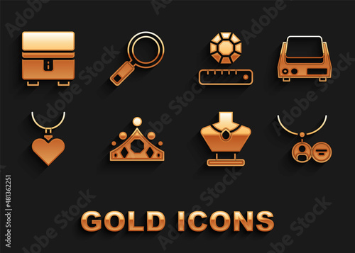 Set King crown, Electronic jewelry scales, Locket necklace, Necklace mannequin, with heart shaped pendant, Gem stone, Jewelry box and Magnifying glass icon. Vector