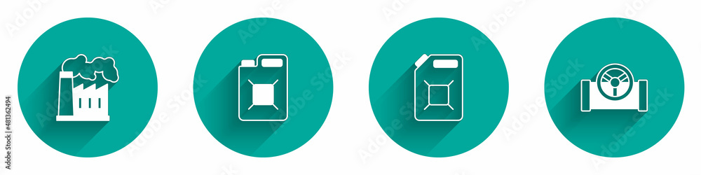 Set Oil and gas industrial factory, Canister for gasoline, and pipe with valve icon with long shadow. Vector Set Oil and gas industrial factory, Canister for gasoline, and pipe with valve icon with long shadow. Vector