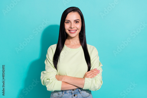 Photo of glad millennial lady cross arms ready business task doing isolated over cyan color background
