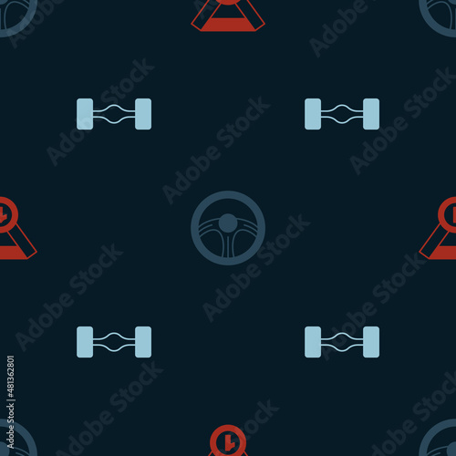 Set Medal, Racing steering wheel and Chassis car on seamless pattern. Vector
