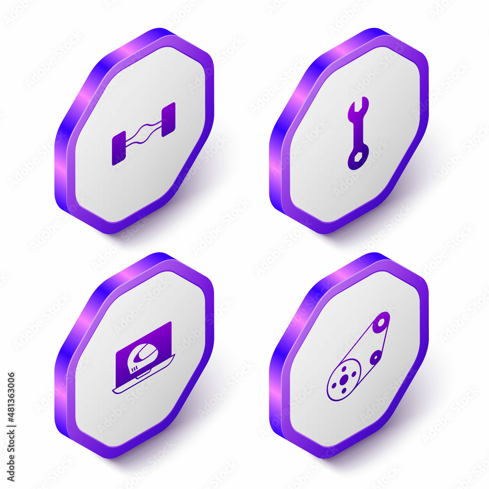 Set Isometric Chassis car, Wrench spanner, Racing helmet and Timing belt kit icon. Purple hexagon button. Vector Set Isometric Chassis car, Wrench spanner, Racing helmet and Timing belt kit icon. Purple hexagon button. Vector