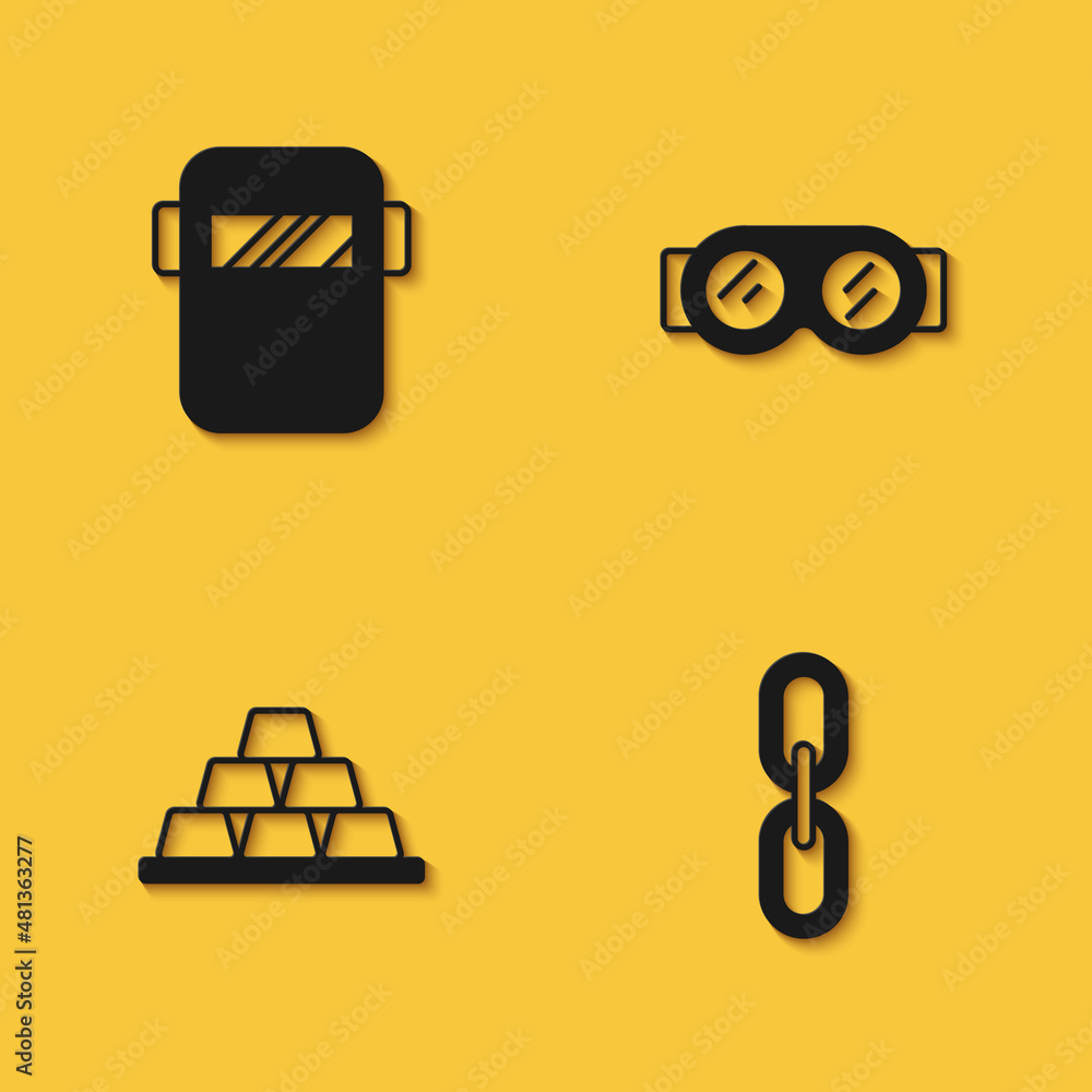 Set Welding mask, Chain link, Gold bars and glasses icon with long shadow. Vector Set Welding mask, Chain link, Gold bars and glasses icon with long shadow. Vector