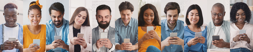 Set of multiracial people using mobile phones, panorama Set of multiracial people using mobile phones, panorama