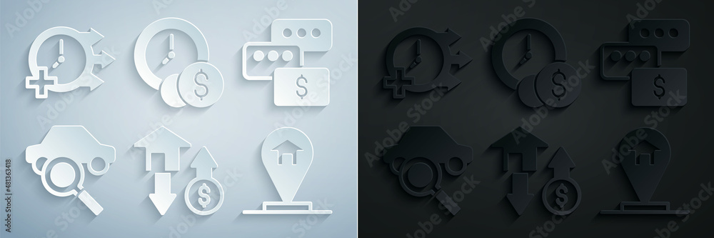 Set House with dollar, Price negotiation, Car sharing, Location house, Time is money and Clock icon. Vector Set House with dollar, Price negotiation, Car sharing, Location house, Time is money and Clock icon. Vector