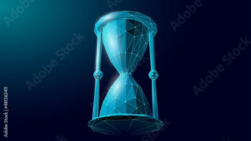 3D Hourglass time flow clock. Business strategy countdown work deadline. Past future analysis coaching. Futuristic technology design vector illustration