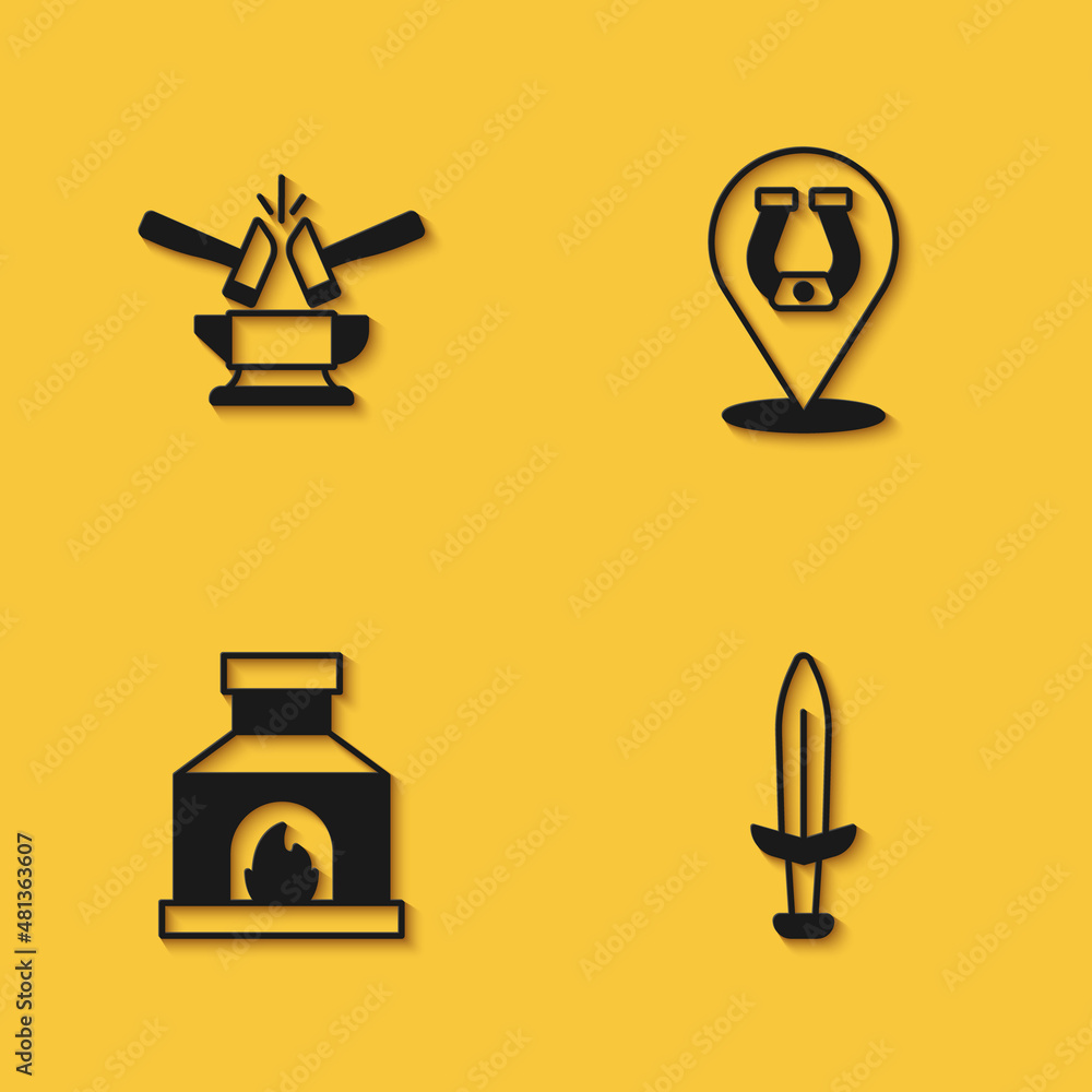 Set Anvil and hammer, Medieval sword, Blacksmith oven and Horseshoe icon with long shadow. Vector Set Anvil and hammer, Medieval sword, Blacksmith oven and Horseshoe icon with long shadow. Vector
