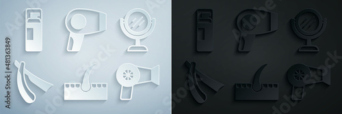 Set Human hair follicle, Hand mirror, Straight razor, Hair dryer, and Shaving gel foam icon. Vector