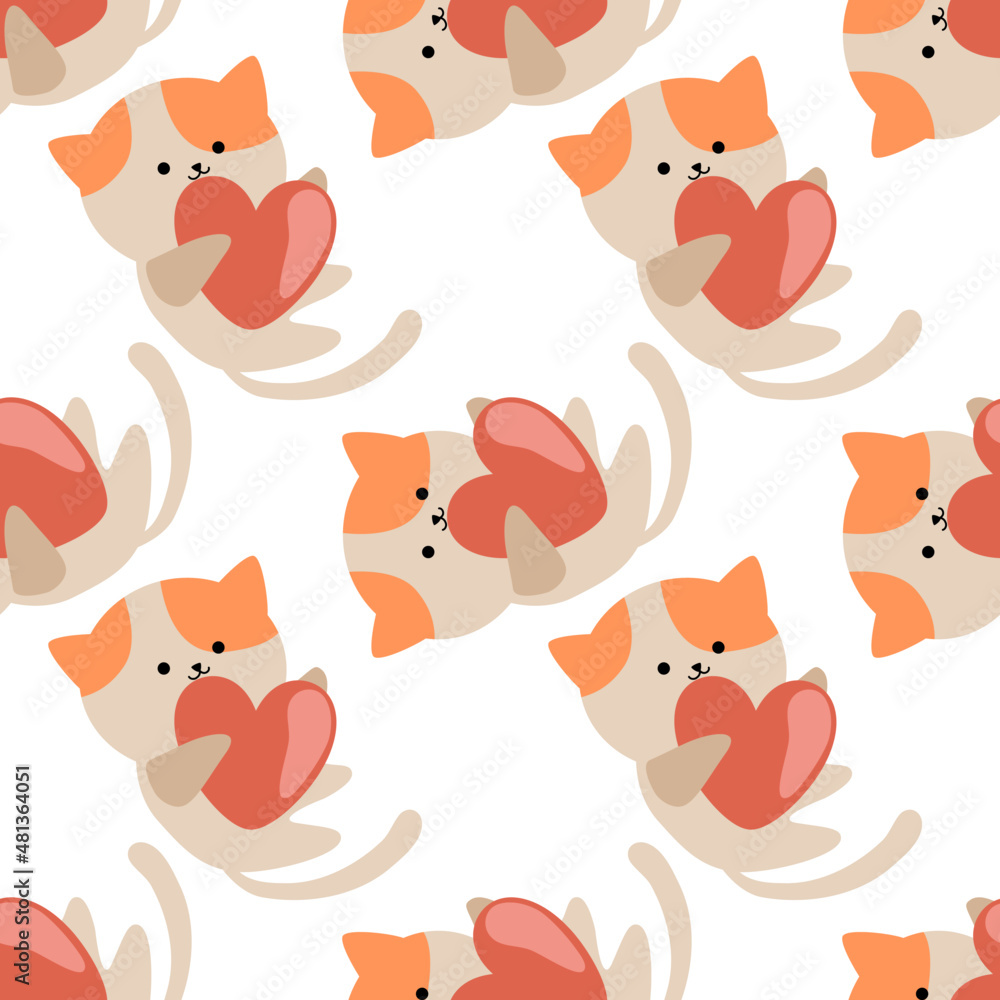 Obraz premium seamless pattern with cats. Cat and heart on white background. Seamless pattern for Valentine's Day. Background for Valentine's decoration. Super cute wrapping paper pattern.
