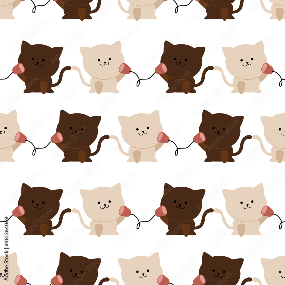 seamless pattern with animals. White and brown cat couple on a white background. Valentine seamless pattern. Seamless pattern for Valentine's Day decoration. Wrapping paper pattern.