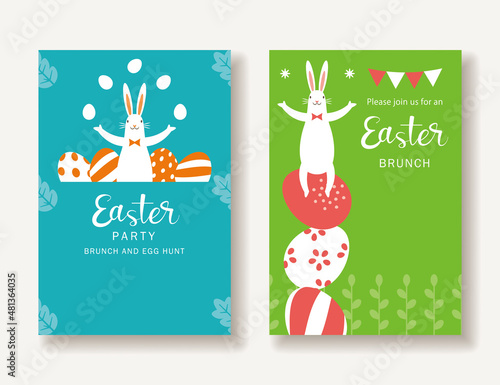 2 Easter Invitations Set Funny Rabbit And Eggs