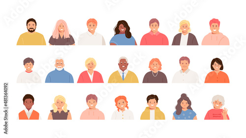 Portraits of people of different ages and nationalities. User avatars of young men and women, children and the elderly. Vector templates set