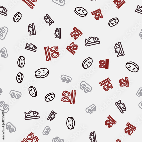 Set line Homemade pie, Served fish on plate, Sushi and Dumpling with chopsticks on seamless pattern. Vector