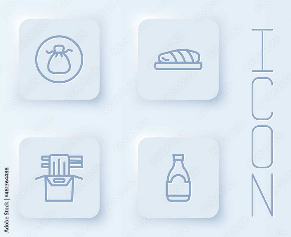 Set line Wonton, Fish steak, Asian noodles in paper box and Soy sauce bottle. White square button. Vector Set line Wonton, Fish steak, Asian noodles in paper box and Soy sauce bottle. White square button. Vector