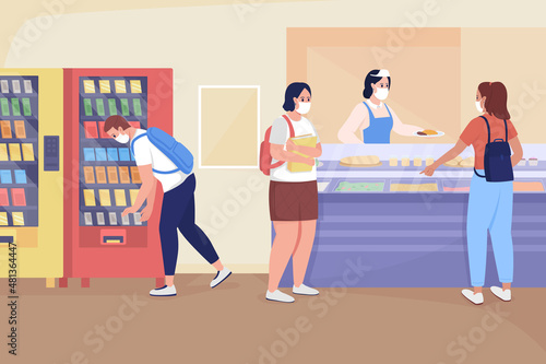 School cafe flat color vector illustration. Teenager in mask near vending machine buying snacks. Students buying food from lunch lady 2D cartoon characters with food counter on background
