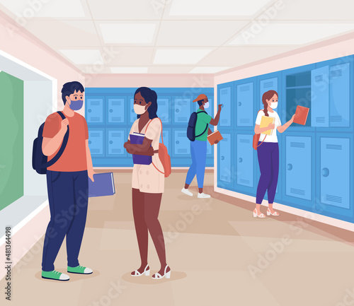 High school hallway flat color vector illustration. Pupils on class break talking in hallway. Education during pandemic. Students in masks 2D cartoon characters with lockers row corridor on background