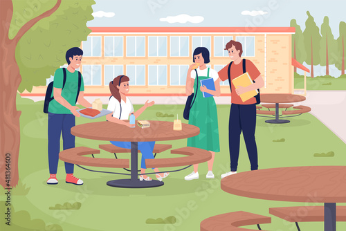 Outdoor school dining flat color vector illustration. Friends eat together. Backyard space for eating. Student meeting for lunch time 2D cartoon characters with college outside on background