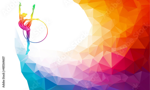 Silhouette of gymnastic girl with hoop on rainbow back