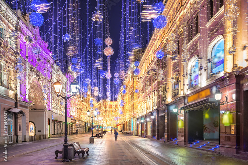 New Year decorations on Nikolskaya Street in Moscow in the light of night lights