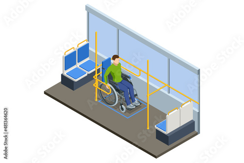Isometric Man in a Wheelchair Travels by Bus. Wheelchair Safety on Fixed Route Public Transportation. Riding with Security