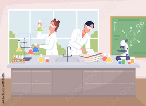 School chemistry class flat color vector illustration. Conducting experiment with chemicals in beakers. Students in lab coats 2D cartoon characters with laboratory interior on background