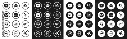 Set Search globe, Website template, Browser with stocks market, Financial growth, Document graph chart, Coal mine trolley, dollar and Work search icon. Vector