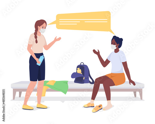 Girls talking before gym class semi flat color vector characters. Interacting figures. Full body people on white. School isolated modern cartoon style illustration for graphic design and animation