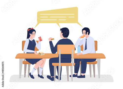 School students on lunch semi flat color vector characters. Interacting figures. Full body people on white. Break isolated modern cartoon style illustration for graphic design and animation