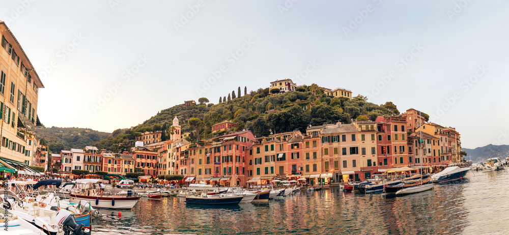 Big size landscape panorama of Portofino, one of the most visited and iconic Italian  village, Genoa province, Liguria - Italy.