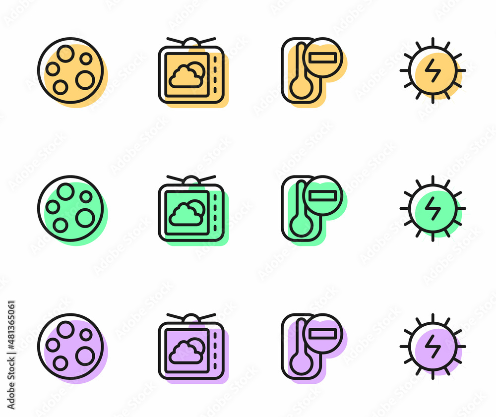 Set line Thermometer, Moon, Weather forecast and Solar energy panel icon. Vector Set line Thermometer, Moon, Weather forecast and Solar energy panel icon. Vector