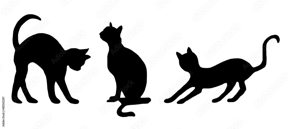 Silhouettes of cats on a white background. Hand drawn. Template.