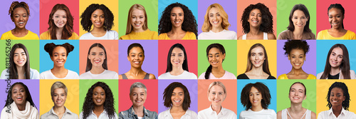 Beautiful multiracial young women smiling on colorful backgrounds, set