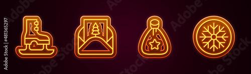 Set line Skates, Envelope, Santa Claus bag gift and Snowflake. Glowing neon icon. Vector
