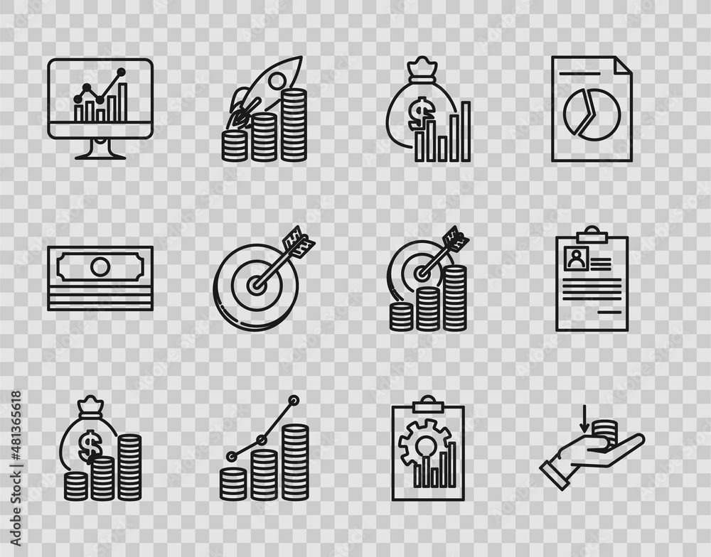 Set line Money bag and coin, hand, diagram graph, Pie chart infographic, Computer monitor with, Target, Clipboard and resume icon. Vector Set line Money bag and coin, hand, diagram graph, Pie chart infographic, Computer monitor with, Target, Clipboard and resume icon. Vector