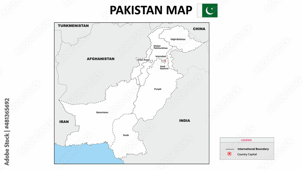 Pakistan Map. Political map of Pakistan. Pakistan map with neighboring countries names and borders.