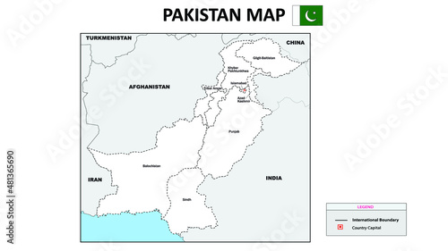 Pakistan Map. Political map of Pakistan. Pakistan map with neighboring countries names and borders.