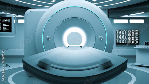Zooming into magnetic resonance imaging (MRI) machine. Generic medical background. 3D rendering
