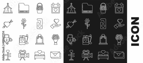 Set line Envelope with Valentine heart, Bouquet of flowers, Heart on hand, Flowers basket, Amour symbol arrow, Church building and Please do not disturb icon. Vector