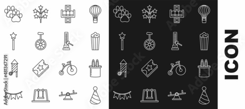 Set line Party hat, Magician and rabbit ears, Popcorn in cardboard box, Attraction carousel, Unicycle one wheel bicycle, wand, Paw print and High striker attraction with big hammer icon. Vector